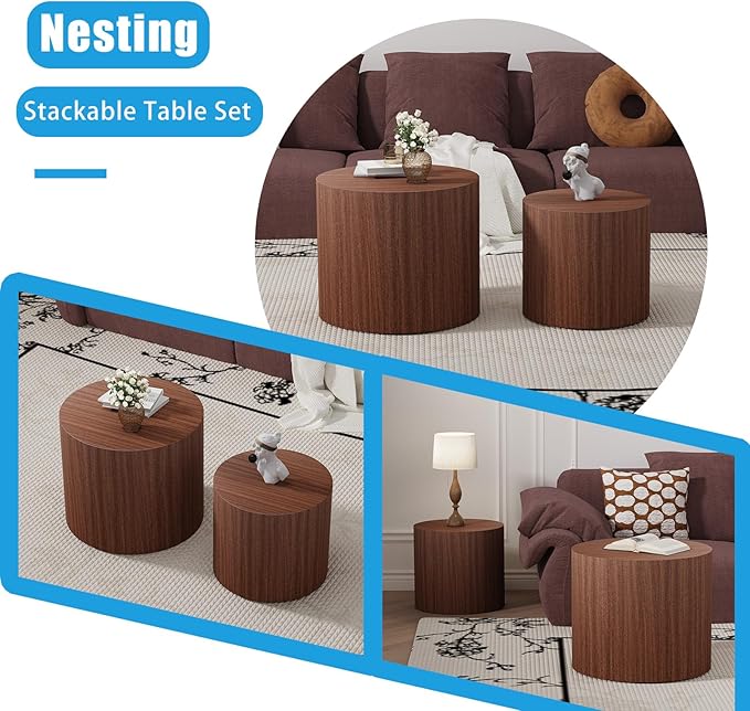 Nesting Coffee Table Set of 2, Modern Round Coffee Table with Non-Slip Feet, Wooden Circle Accent Tables for Small Spaces Living Room Bedroom Balcony Office Drum Side Table (C Walnut)
