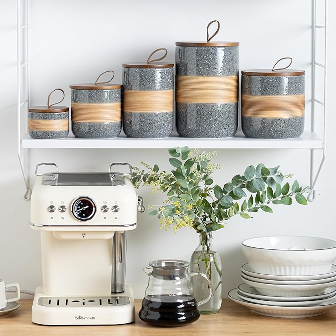 Ceramic Jar with Lid Airtight, Coffee Container Kitchen Food Storage Jars for Spice Sugar Tea Bag, Stackable Decorative Jars for Countertop, Grey & 18oz-NeatNest