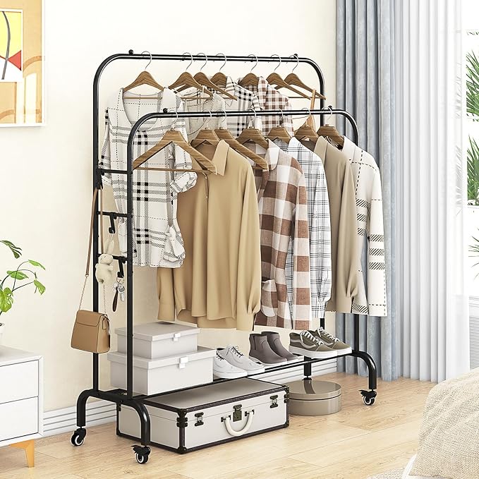 Garment Rack with Wheels Clothing Rack for Hanging Clothes Multi-functional Bedroom Clothes Rack，Black+Double RodsBlack-NeatNest