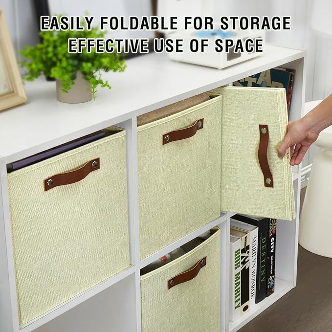 Collapsible Fabric Storage Cube Bins with 2 Reinforced PU Handles, Foldable Storage Organizer Baskets for Closet, Shelves, Living Room | 13"x13"x13", 4 Pack, Full Beige-NeatNest