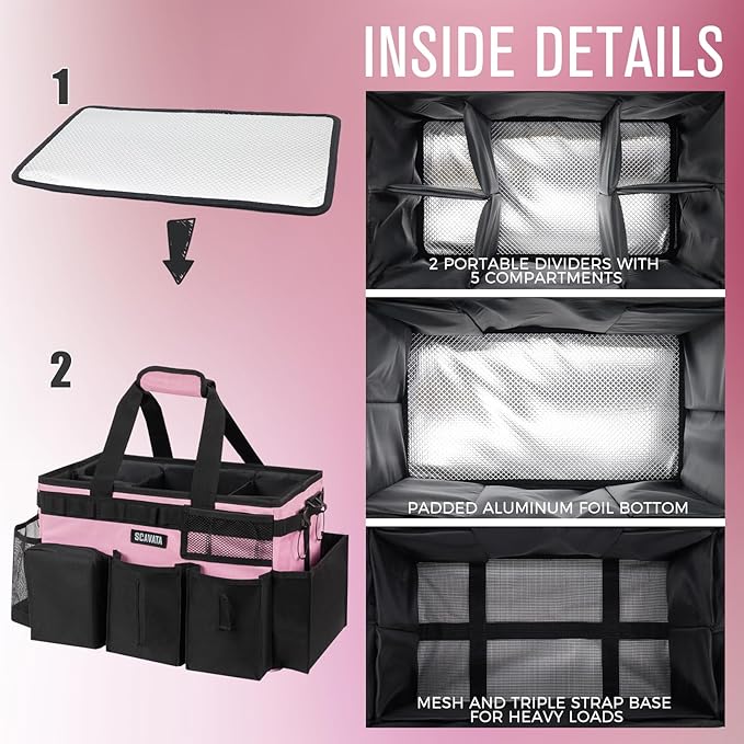 Wearable Cleaning Caddy Bag, Cleaning Caddy Supplies Organizer with Handle & Shoulder Straps for Housekeepers, Under Sink & Car Cleaning Tool Organizers with 4 Foldable Divider (SweetPink)