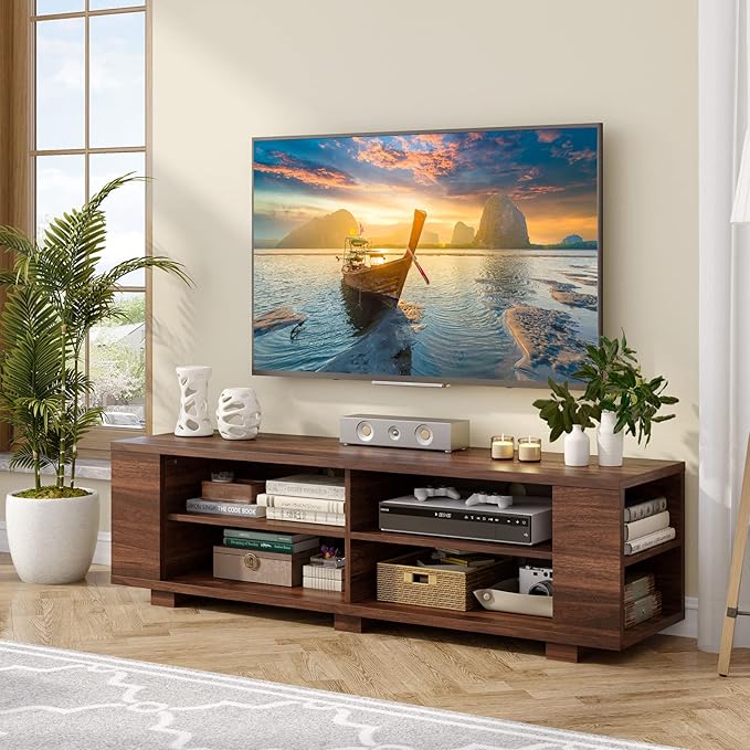 Giantex Modern TV Stand for TVs up to 65 Inch, Wood Entertainment Center w/ 8 Open Storage & Adjustable Shelves, Television Stands w/ 4 Cable Holes, TV Console Table for Living Room, Bedroom (Coffee)-NeatNest