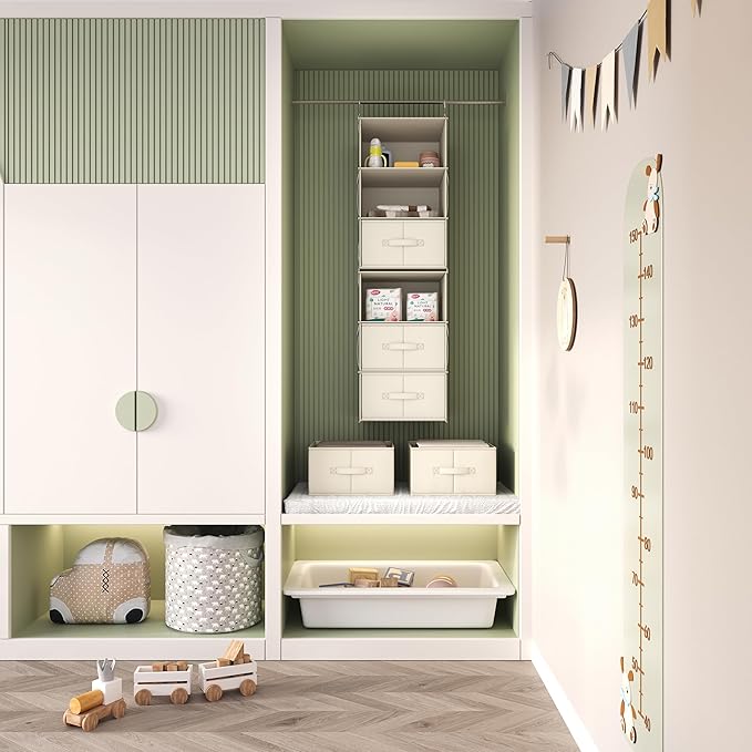 Vailando 6-Shelf Hanging Closet Organizer, 2 Separable 3-Shelf Hanging Shelves with 3 Drawers for Wardrobe, Nursery, Baby Clothes Organization and Storage, Beige-NeatNest