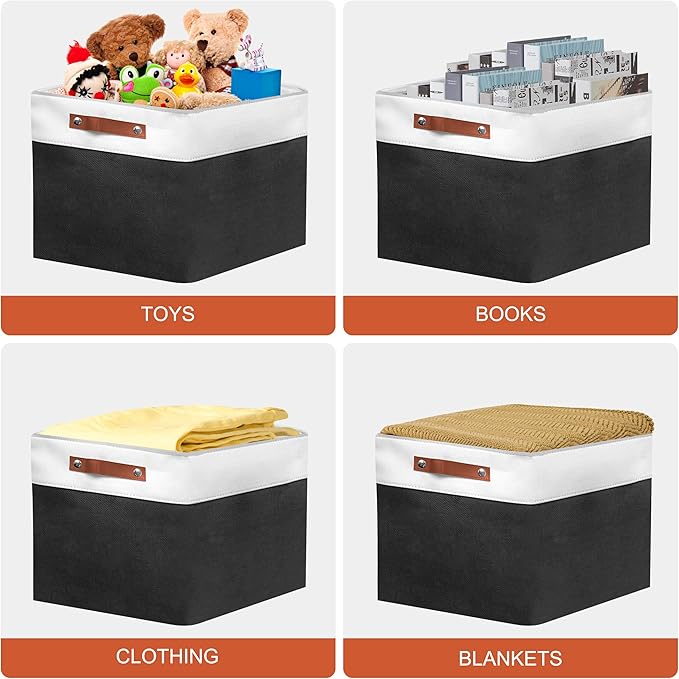 13in Open Fabric Storage Basket with Leather Handles for Organizing, Collapsible Linen Closet Bins for Shelves, Closets, Laundry, Decorative Basket for Gifts. (White＆Black, 2PCS/13x13in)-NeatNest