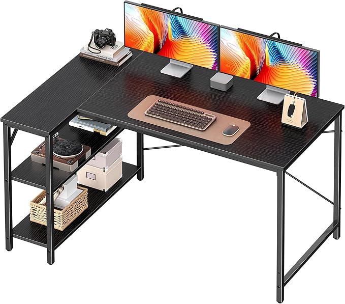 Huuger L Shaped Desk, 47 Inches Computer Desk with Reversible Storage Shelves, Gaming Corner Home Office Writing Study with Metal Frame, Black-NeatNest