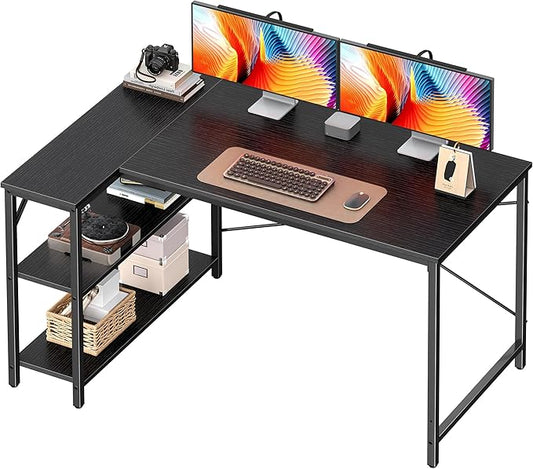 Huuger L Shaped Desk, 47 Inches Computer Desk with Reversible Storage Shelves, Gaming Corner Home Office Writing Study with Metal Frame, Black-NeatNest