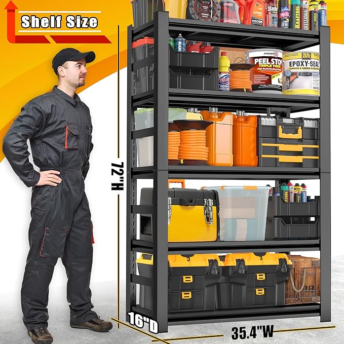 72''H Garage Shelving, Heavy Duty 36''W Storage Shelves, 2500lbs Adjustable 5 Tier Metal Shelves for Storage Rack, Commercial Garage Shelves, Industrial Utility Shelf,16" D X 36" W X 72" H,Black
