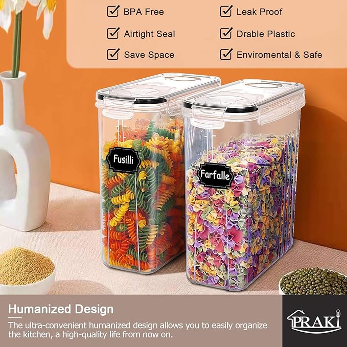 PRAKI 5PCS Cereal Containers Storage Set, BPA Free Airtight Food Storage Container Set with Lids, Kitchen Pantry Organization and Storage for Sugar, Baking Supplies with 20 Labels & Mark(4L Black)-NeatNest