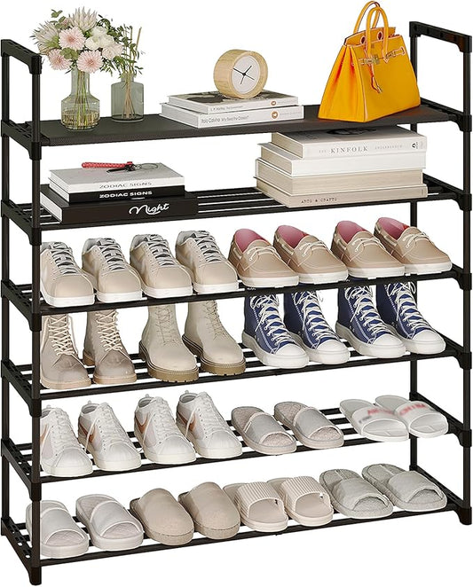 Calmootey 6-Tier Shoe Rack, Tall Large Capacity 30 Pairs Shoes Storage Organizer, Stackable Wide Shoe Shelf for Entryway, Hallway, Black-NeatNest