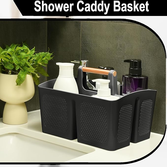 Haundry Plastic Black Shower Caddy Basket with 3 Compartments, Portable Divided Bathroom Cleaning Caddy Organizer Storage Tote with Handle for Dorm, College, Room Essentials