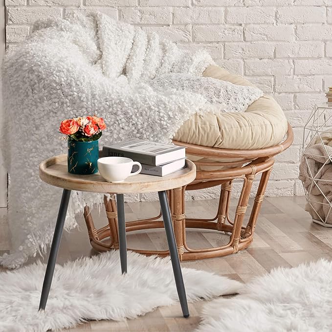 LITA Log Desktop Round Side End Table, Nightstand Tables, Indoor Outdoor Round Side Table, Wooden Tray Table with Black Metal Stand End Table for Living Room Bedroom Office Small Spaces (L)