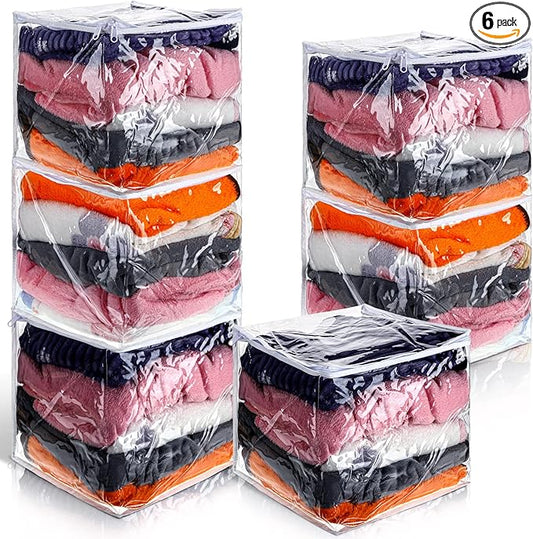 6 Packs Clear Zippered Storage Bags Sweater Moth Bags Plastic Storage for Blankets Clothes Bed Sheet Organizer with Zipper for Closet Linen Sweater Bed Sheet Clothes Pillow(12 x 12 x 12 Inch)