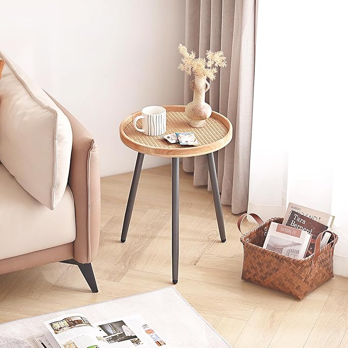 LITA 2 Pcs Rattan Log Desktop Round Side End Table, Nightstand/Small Tables, Indoor Outdoor Wooden Tray Table with Metal Stand End Table for Living Room Bedroom Office Small Spaces