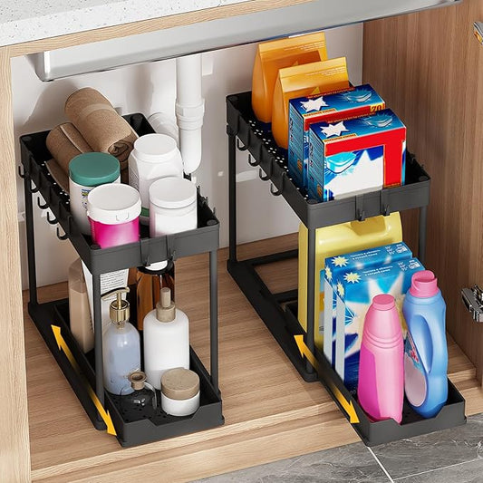 2 Pack Multi-Purpose Pull-Out Storage Organizers, Under Sink Organizers and Storage for Bathroom & Kitchen, Under Cabinet Organizers and storage, 12.8 Inch, Black-NeatNest