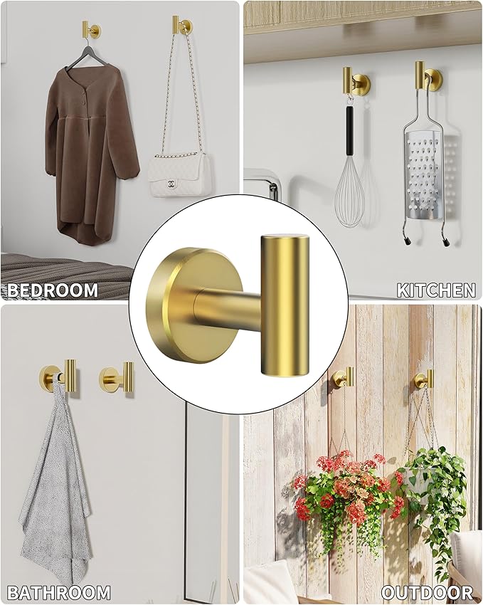 Bathroom Towel Hook, Coat Robe Clothes Hook for Kitchen Garage Wall Mounted, 304 Stainless Steel, Heavy Duty Door Hanger, Cabinet Closet Wall Hook for Hotel Pool (Brushed Gold, 4 Pack)