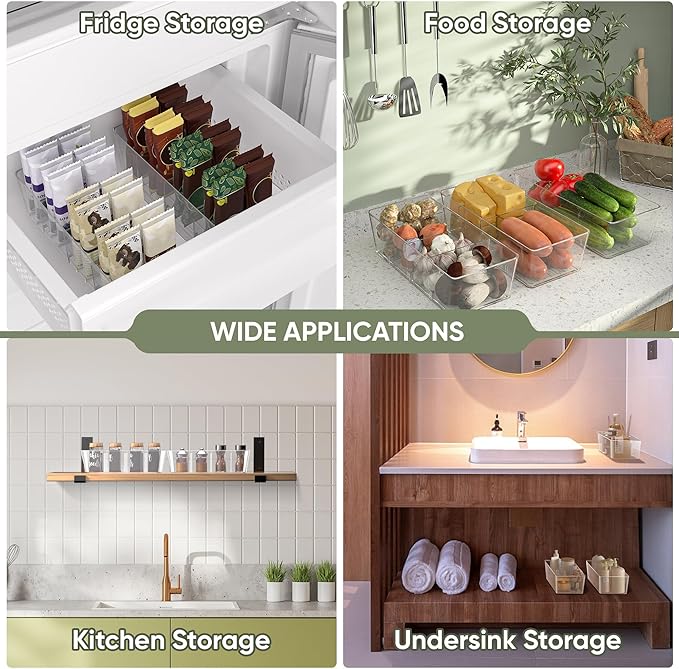 BALEINE Pantry Organizers and Storage Bins, Plastic Clear Storage Bins with 3 Removable Dividers, BPA-Free Fridge Organizers for Kitchen Cabinet Bathroom (10.5x6.1x3.5, 2PK)-NeatNest