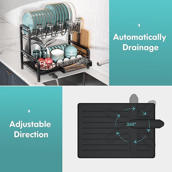 BOOSINY Dish Drying Rack and Drainboard Set for Kitchen Counter, 2 Tier Large Stainless Steel Sink Organizer Dish Racks with Cups Holder, Utensil Holder, Black Dish Strainer Shelf-NeatNest