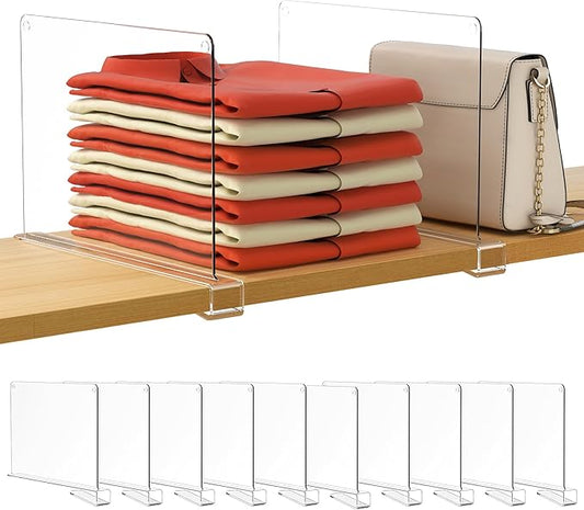 HBlife 10 Pack Clear Shelf Dividers, Vertical Purse Organizer for Closet Perfect for Sweater, Shirts, Handbags in Bedroom and Kitchen, Adjustable Acrylic Bookshelf for Organization-NeatNest