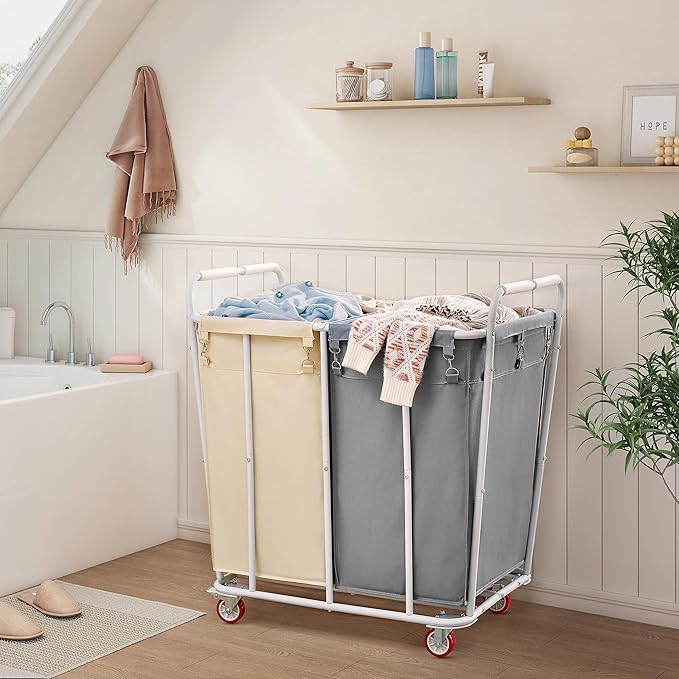 Hoctieon 2 Section Laundry Sorter Cart, 400L Rolling Hamper with Wheels, Industrial Laundry Basket Organizer, Extra Large Dirty Clothes Hamper for Home & Hotel, Heavy Duty, Gray+Beige-NeatNest