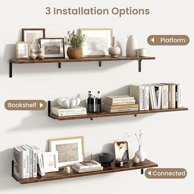 Fun Memories Deep Floating Shelves, 48W x 8D Floating Shelves Set of 2, Wall Mounted Shelf with Metal Brackets, Rustic Wood Wall Shelf for Bathroom, Kitchen and Living Room, Rustic Brown-NeatNest