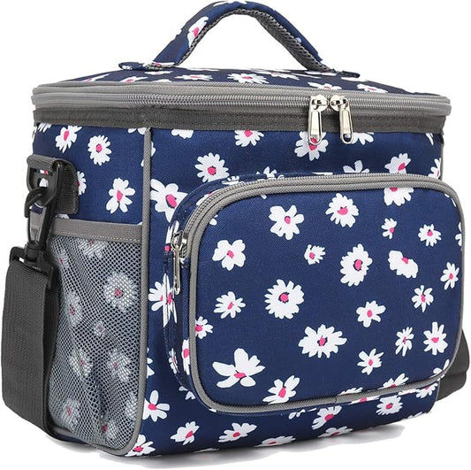 FlowFly Insulated Reusable Lunch Bag Adult Large Lunch Box for Women and Men with Adjustable Shoulder Strap,Front Zipper Pocket and Dual Large Mesh Side Pockets,Daisy-NeatNest