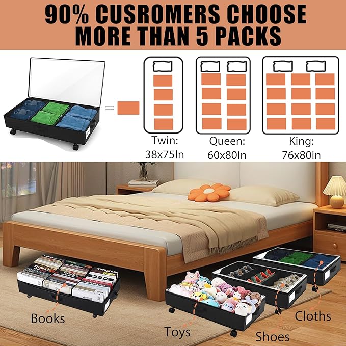 2 Pack Under Bed Storage Rolling Metal Frame Underbed Containers with Wheels Lid Visiable Window Storage Bag Box Organizer Home Closet Organization Drawer Bins for Clothes Shoes Toys Blanketss Black-NeatNest