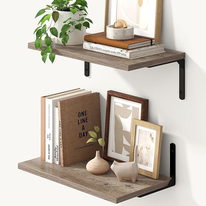 Fun Memories Deep Floating Shelves, 16W x 8D Floating Shelves Set of 2, Wall Mounted Shelf with Metal Brackets, Rustic Wood Wall Shelf for Bathroom, Kitchen and Living Room, Grey-NeatNest