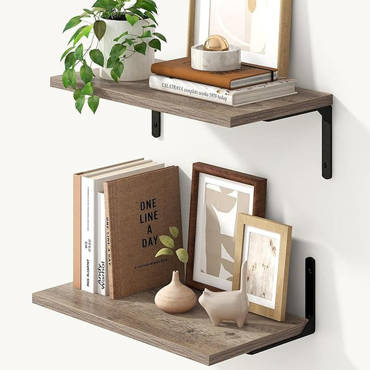 Fun Memories Deep Floating Shelves, 16W x 8D Floating Shelves Set of 2, Wall Mounted Shelf with Metal Brackets, Rustic Wood Wall Shelf for Bathroom, Kitchen and Living Room, Grey-NeatNest