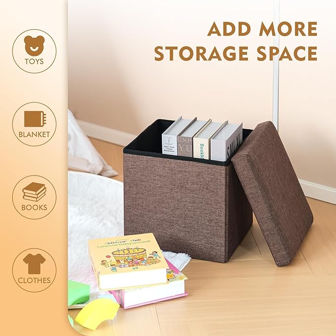 B FSOBEIIALEO Storage Ottoman Cube, Linen Small Foot Seat, for Living Room, Bedroom, Home Office, Dorm Storage Footrest Brown 11.8"x11.8"x11.8"