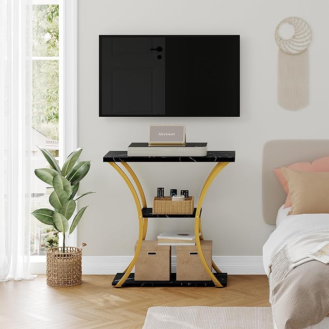 Hoctieon 3 Tier Console Table with Open Wood Shelves, Decorative Entryway Table with Curved Metal Frames, Narrow Sofa Table for Entrance, Living Room, Hallway, Gold and Black Marbled-NeatNest