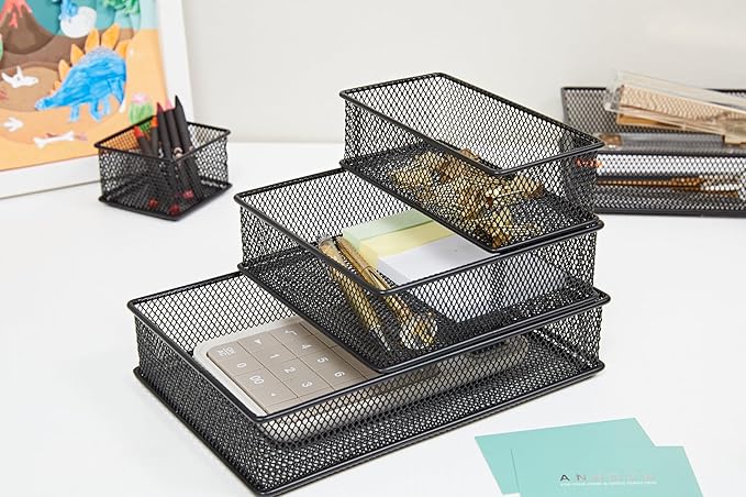 Annova Mesh Drawer Cabinet and Shelf Organizer Bins Storage Basket School Office Supply Holder Tray- Set of 2 (Black, 3x6x2 Inch)-NeatNest