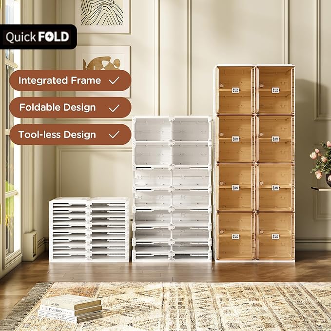 ANTBOX Shoe Organizer Storage Box, Portable Folding Shoe Rack For Closet With Magnetic Clear Door,Large Sneaker Cabinet Bins Sturdy Easy Assembly 8 Layers-16 Grids-NeatNest