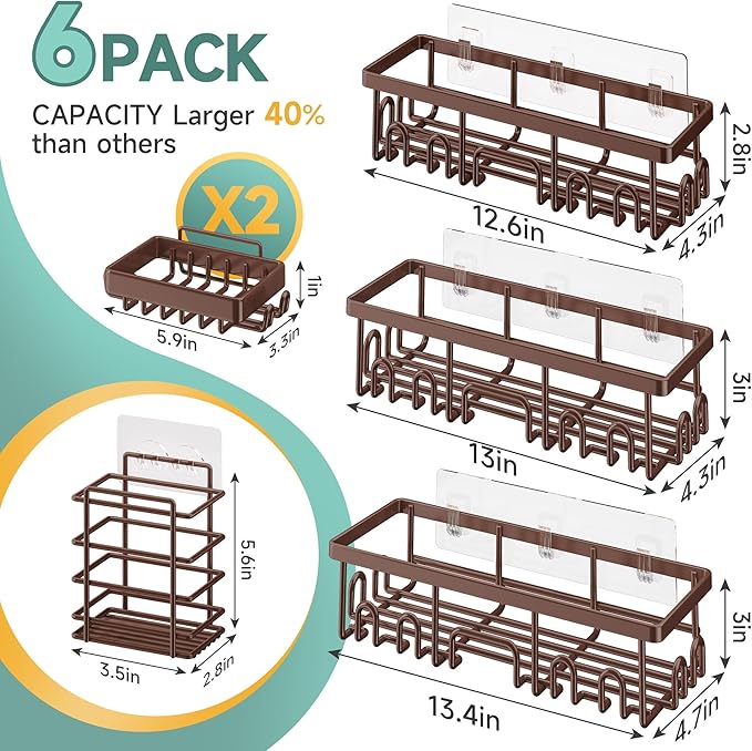 Veken Shower Caddy 6-Pack, No Drilling & Rustproof, Waterproof Adhesive Shelves Rack with Soap Holder, Large Capacity Bathroom Organizers and Storage, Wall-Mounted Kitchen & Home Decor-NeatNest