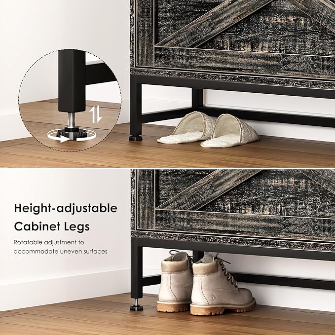 Vibe & Dine Farmhouse Shoe Storage Cabinet - Freestanding Narrow Shoe Rack with Metal Legs, Dark Rustic Oak-NeatNest