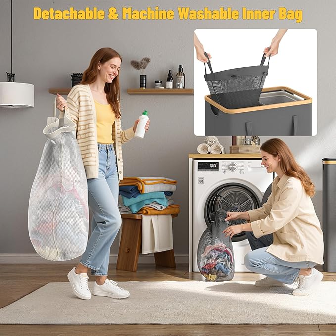 160L Double Laundry Hamper with Lid 2 Section, Large Bamboo Laundry Basket with 2 Removable Bags, Clothes Hampers for Laundry for Bedroom, Bathroom, Dorm, Laundry Room, Grey-NeatNest
