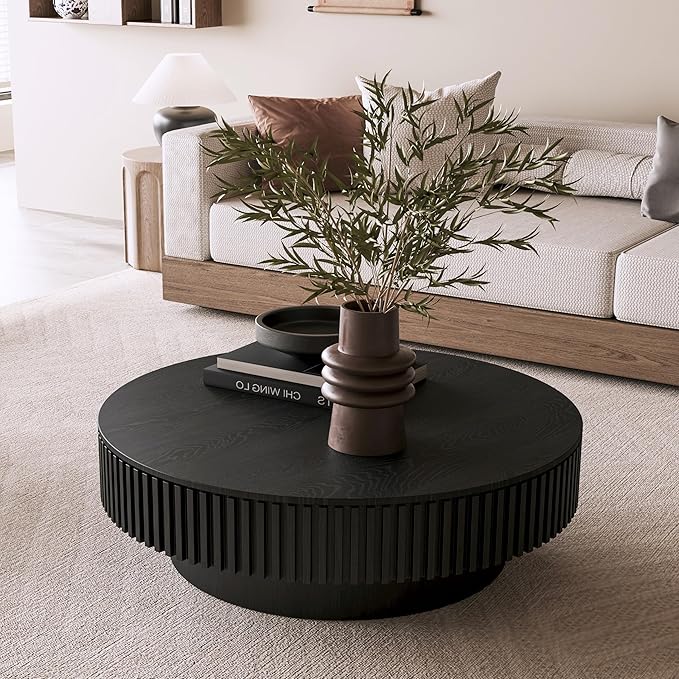 kevinplus 39.37'' Black Round Coffee Table Modern Wood Circle Fluted Drum Pedestal Coffee Table with Storage Space for Living Room, Easy Assembly, Black