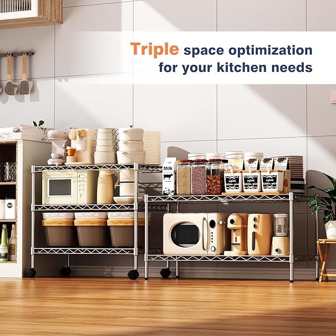 2-Tier Heavy Duty Shelving Unit,36" Wx18 Dx19.5H,Wire Shelf Rack with Lockable Wheels,Height Adjustable Metal Storage Shelves Organizer for Living Room,Garage,Kitchen,Office,Laundry,Pantry