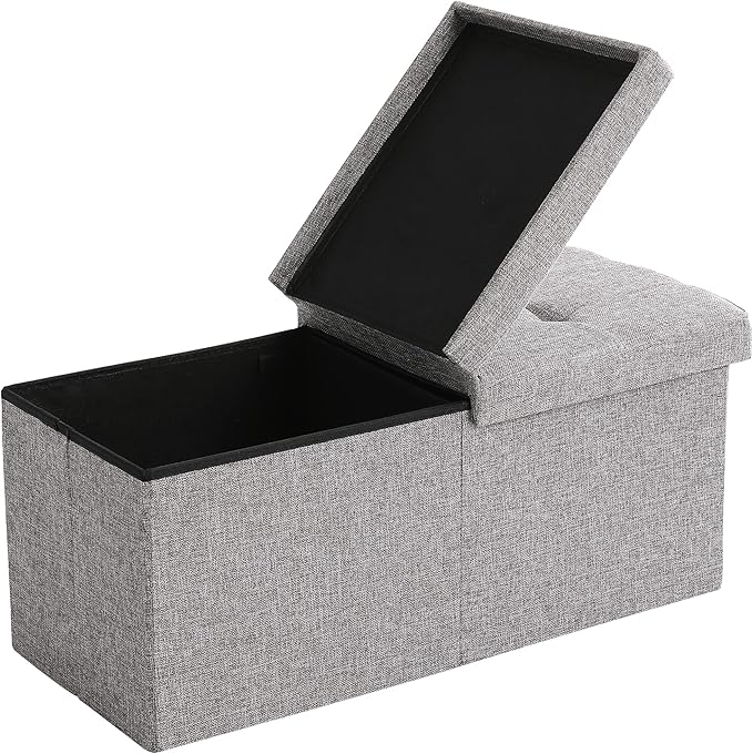 Cuyoca Foldable Seat Footrest Shoe Bench End of Bed Storage with Flipping Lid, 75L Storage Space, 30 inches Linen Fabric Grey-NeatNest