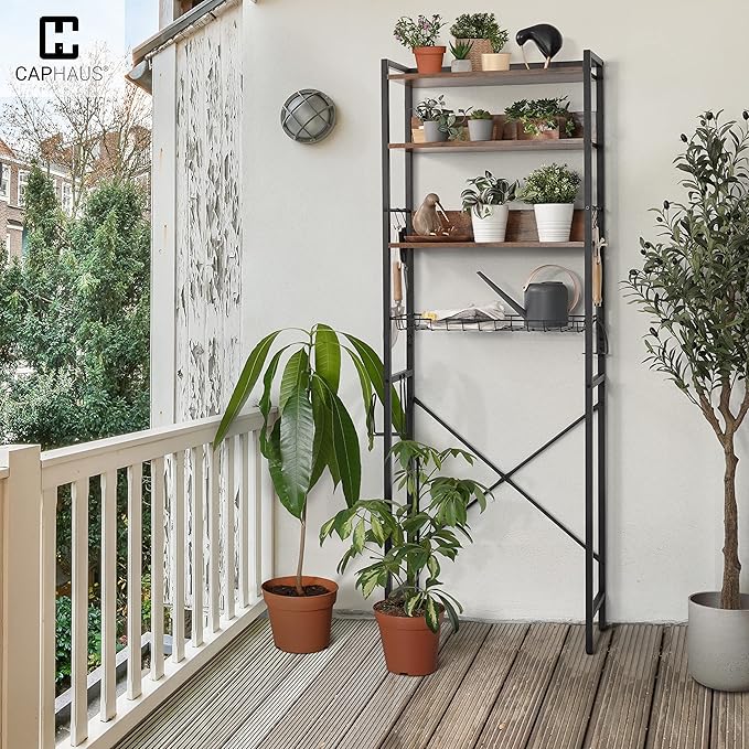 CAPHAUS Over The Toilet Storage, 4-Tier Bathroom Organizer, Freestanding Toilet Shelf, Multifunctional Space Saver Toilet Rack with 4 Hooks, Laundry Organizer, Plant Stand for Balcony (Rustic Oak)-NeatNest