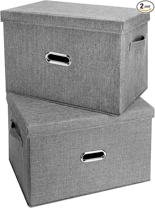 Large Linen Fabric Foldable Storage Bins with Removable Lid and Handles, Washable Storage Box Organizer Containers Baskets Cube with Cover for Bedroom,Closet,Nursery (Grey, Large(2-Pack))-NeatNest