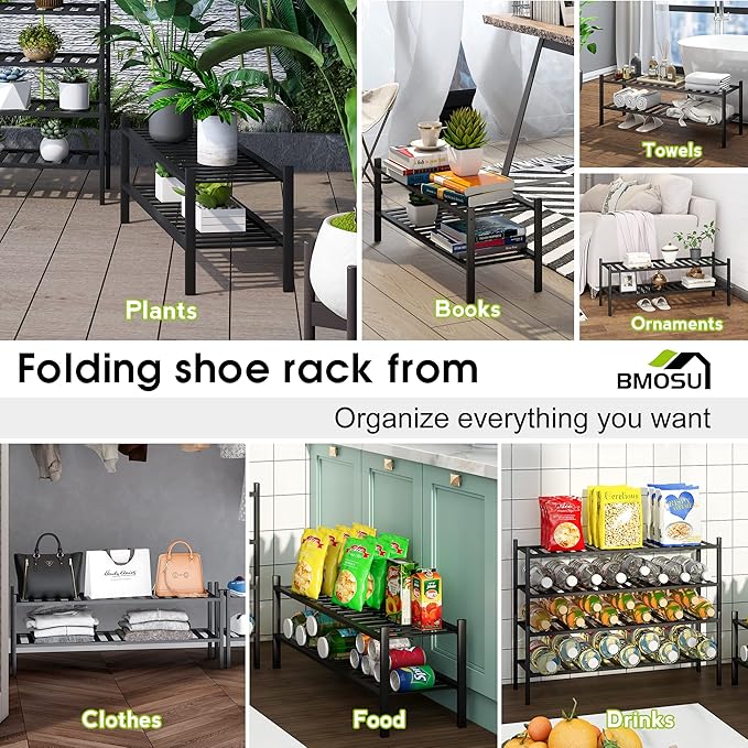 BMOSU 2-Tier Bamboo Extended Shoe Rack Premium Stackable Shoe Shelf Storage Organizer for Hallway Closet Living Room Entryway Organizer (Black Bamboo)-NeatNest
