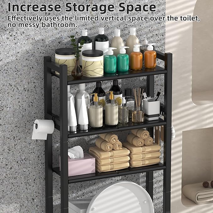 3 Tier Over The Toilet Storage Rack with Toilet Paper Holder, Metal Freestanding Bathroom Shelves with 4 Hooks, Over Toilet Storage Shelf for Bathroom Storage, Black-NeatNest