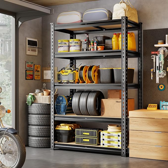 72.12" H Garage Shelving, Storage Shelves Load 2100LBS, 5-Tier Adjustable Shelving Unit with Thickened Wooden Boards for Multiple Scenarios, 72.12" H x 35.55" W x 11.85" D, Black, 4 Pack-NeatNest