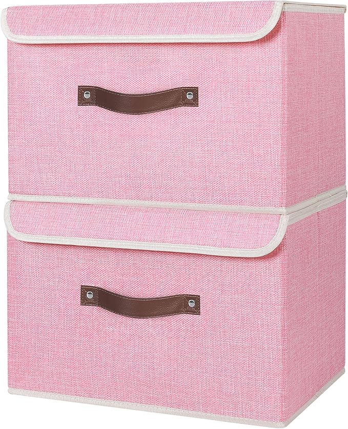 ANMINY 2PCS Storage Bins with Lid PU Leather Handles Storage Boxes PP Plastic Board Decorative Foldable Lidded Cotton Linen Fabric Home Cubes Baskets Closet Organizer Containers - Pink, Large Size-NeatNest