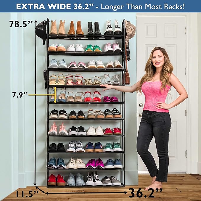 Sundaze Shoe Rack - 10 Tier Metal Shoe Rack for Front Door Entrance, Sturdy Tall Shoe Organizer for Closet, Bedroom, Entryway, Garage, Black Metal Shoe Shelf, Holds Up to 50 Pairs-NeatNest