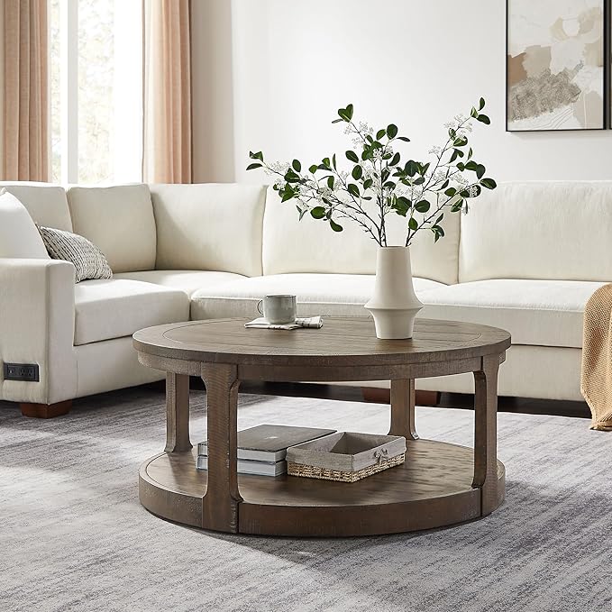 Coffee Table Round Wood Brown 40" Coffee Tables for Living Room Modern Circle Center 2-Tier Solid Desktop Minimalistic Design Accent with Shelf Storage Home Furniture Apartment Office Easy to Assemble-NeatNest