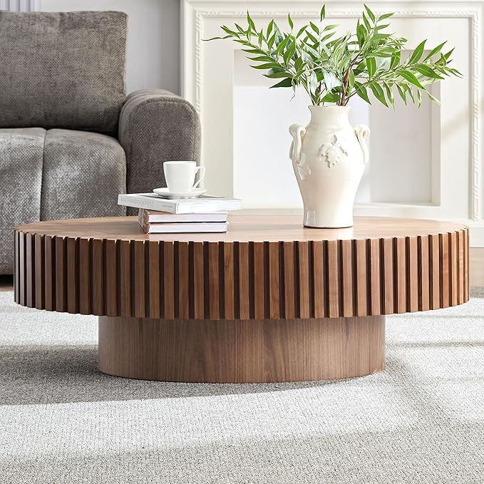 Kevinplus Walnut Oval Coffee Table - Modern Wood Coffee Table for Living Room, Contemporary Circle Fluted Drum Design, Easy Assembly (43.7'' x 24.8'' x 13.38'')
