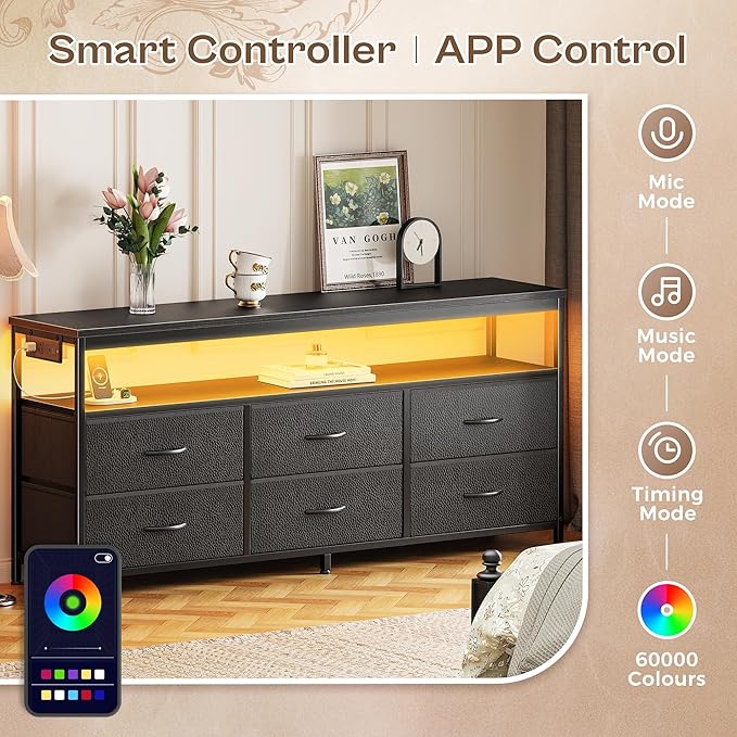 Huuger LED TV Stand for Bedroom, 55 Inch Fabric Dresser with Power Outlets, Entertainment Center for 60, 55, 50 Inch TV, 6 Drawer Dresser for Bedroom, Chest of Drawers with Shlef, PU Leather, Black-NeatNest