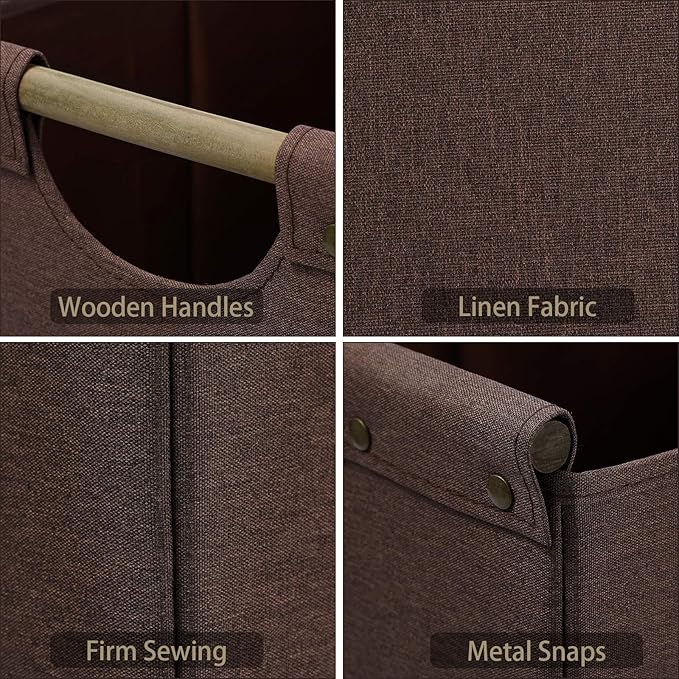 HOONEX Large Collapsible Storage Bins, Linen Fabric, 2 Pack, Storage Baskets with Wooden Carry Handles and Sturdy Heavy Cardboard, for Home, Office, Car, Nursery, Brown