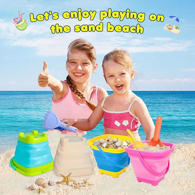 Collapsible Beach Sand Bucket 3 Packs Foldable Buckets Set with Shovels & Mesh Bag Collapsible Beach Toys for Kids Summer Sand Buckets for Kids Cruise Beach Essentials-NeatNest